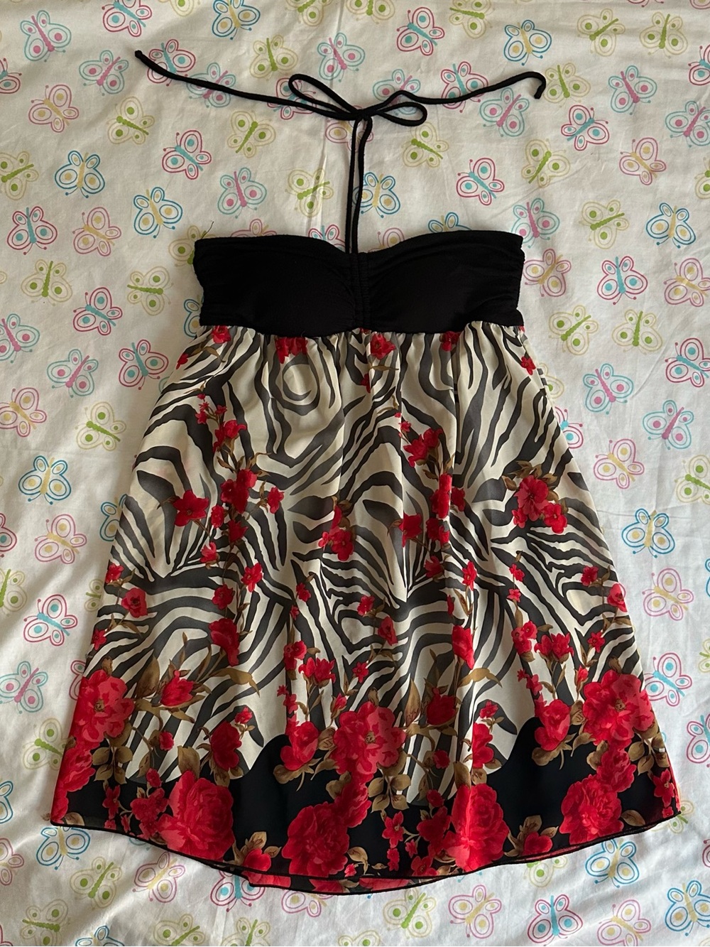 Y2K Moa Moa Zebra Print & Red Floral Pattern Halter Top - Picture 5 of 8